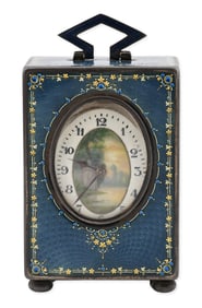 Swiss Guilloché Enamel and Silver Miniature Travel Clock