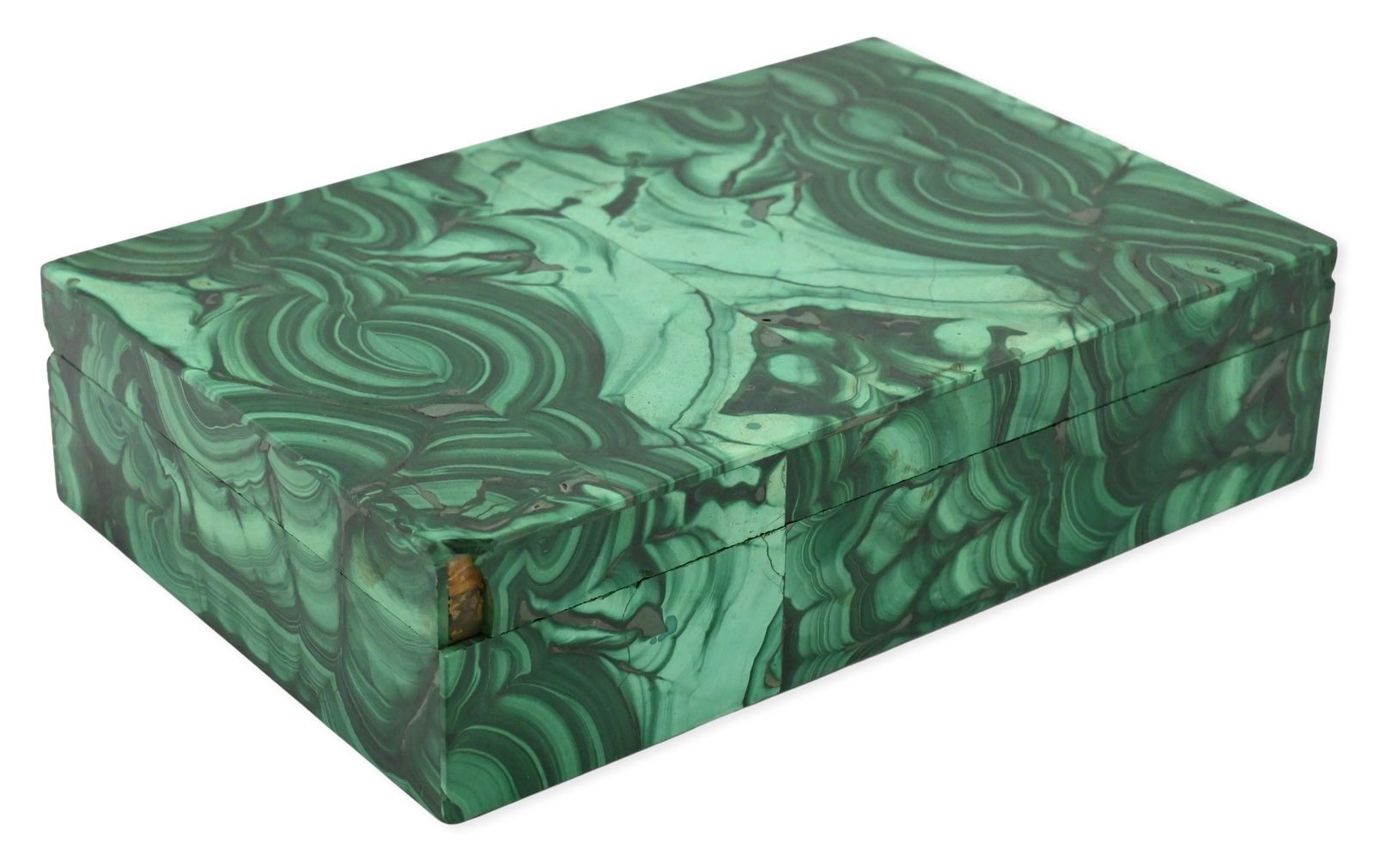 Malachite Hinged Jewelry Box with Onyx Interior: Malachite Hinged Jewelry Box with Onyx Interior finely made rectangular malachite box, the hinged lid and sides veneered with richly banded green malachite panels displaying concentric swirling patter