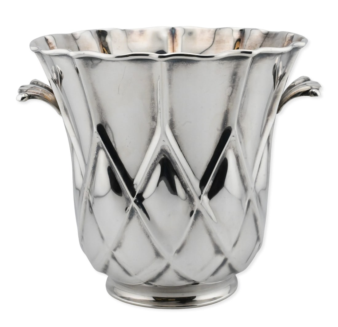 Italian Sterling Silver Wine Cooler, Algema Di Carlo: Italian Sterling Silver Wine Cooler, Algema Di Carlo fluted lobed body with diamond patterning and scalloped rim, raised on a circular foot with side handles, marked Star 59 PD 925 height 7 1/4 inches