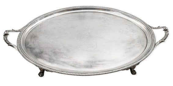 English Sterling Silver Oval Two-Handled Serving Tray, Thomas Hannam & John Crouch II