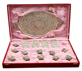 Middle Eastern Silver Filigree Tea & Coffee Service in Syrian Presentation Case