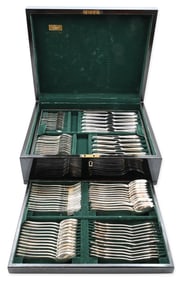 130 Piece Christofle France Silver Plate Flatware Set in Perles Pattern