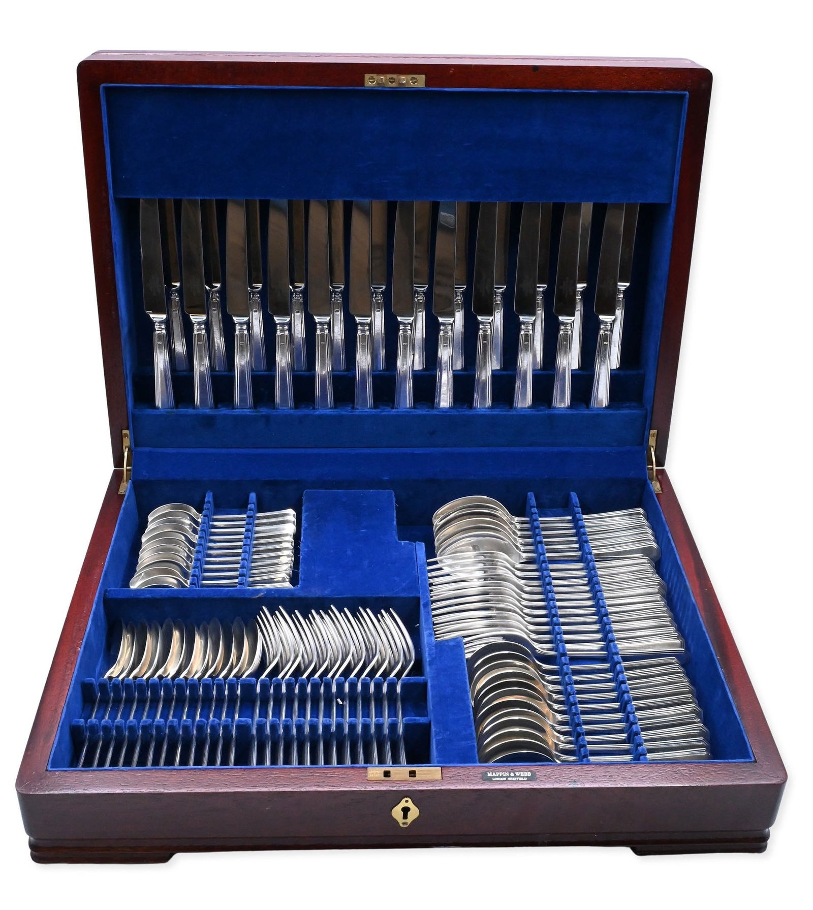 90 Piece Mappin and Webb Sterling Silver Flatware Set, MWE2 Style Pattern: 90 Piece Mappin and Webb Sterling Silver Flatware Set, MWE2 Style Pattern for a service of 12 to include 12 dinner forks, 12 luncheon forks, 12 tablespoons, 12 tea spoons, 6 place spoons, 12 soup spoo