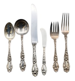 195 Piece Whiting Sterling Silver Flatware Set in Lily-Floral Pattern