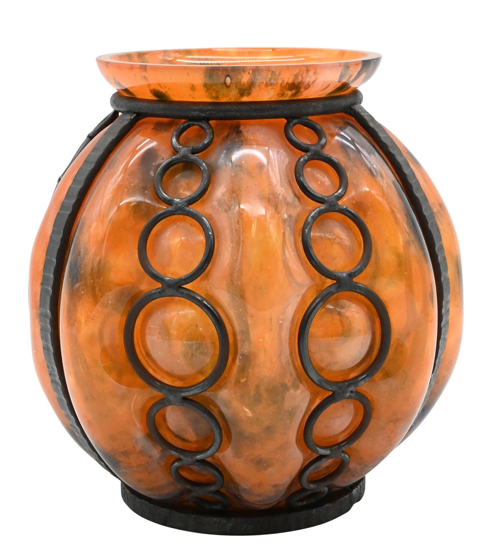 Charles Schneider (French 1881-1953): Charles Schneider (French 1881-1953) Globular amber-toned art glass vase with mottled coloration, fitted with applied black wrought-iron banding and circular mounts, faintly signed height 9 inches, di