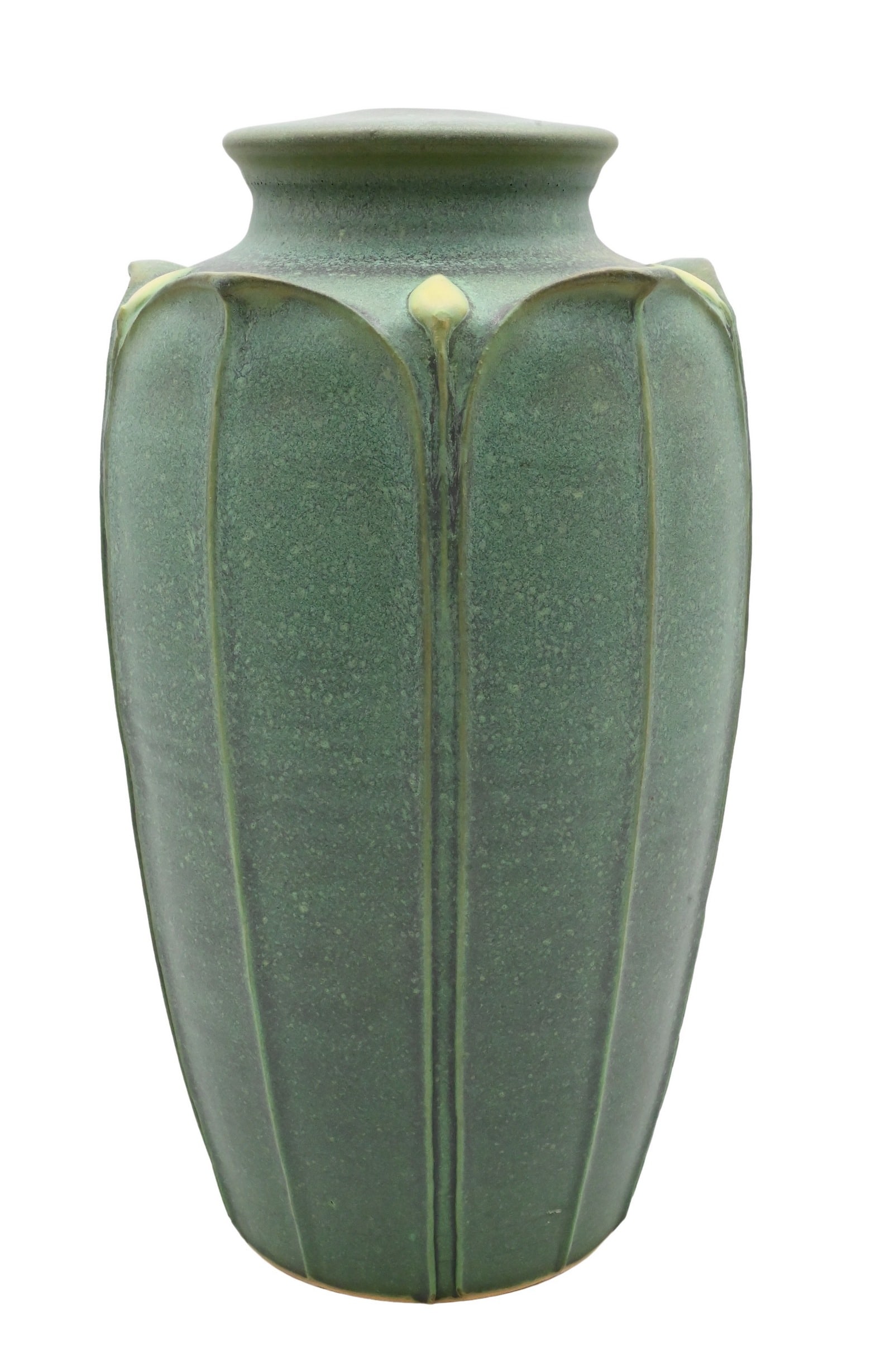 Attributed to Ephraim American Art Pottery Vas: Attributed to Ephraim American Art Pottery Vas Early 20th Century, A tall ovoid vase with everted rim and tapering base, the shoulder decorated with stylized leaf-like ribs descending along the body,
