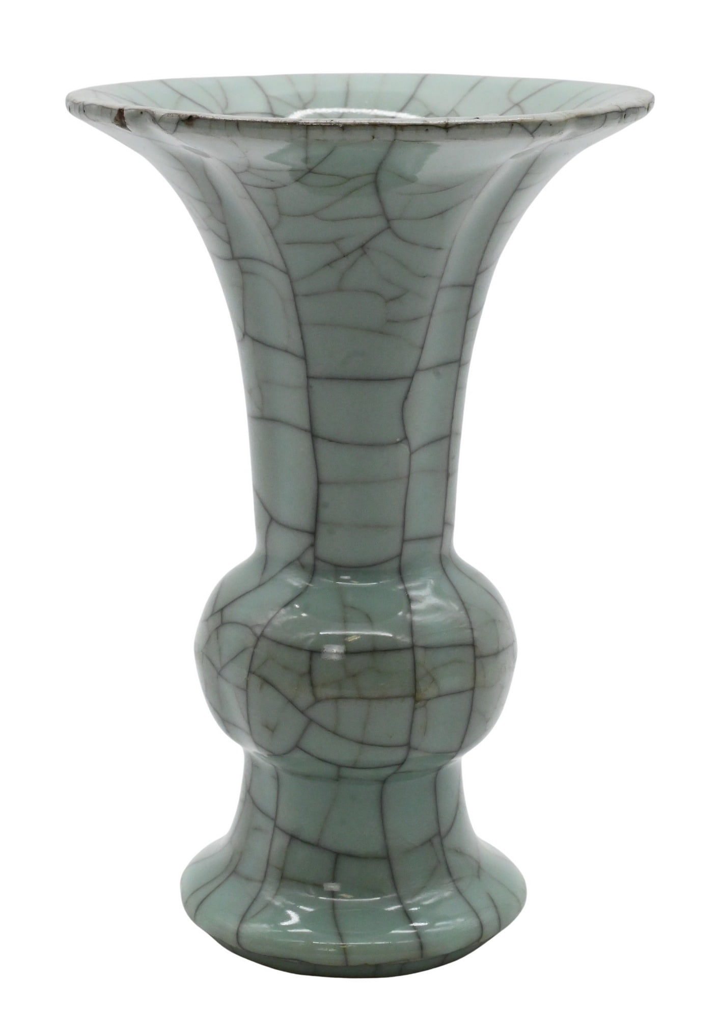 Chinese Celadon Crackle Glazed Guan-type Trumpet Vase: Chinese Celadon Crackle Glazed Guan-type Trumpet Vase Baluster-form porcelain vase with flared trumpet mouth and stepped foot, covered overall in a pale celadon glaze suffused with an even, intentiona