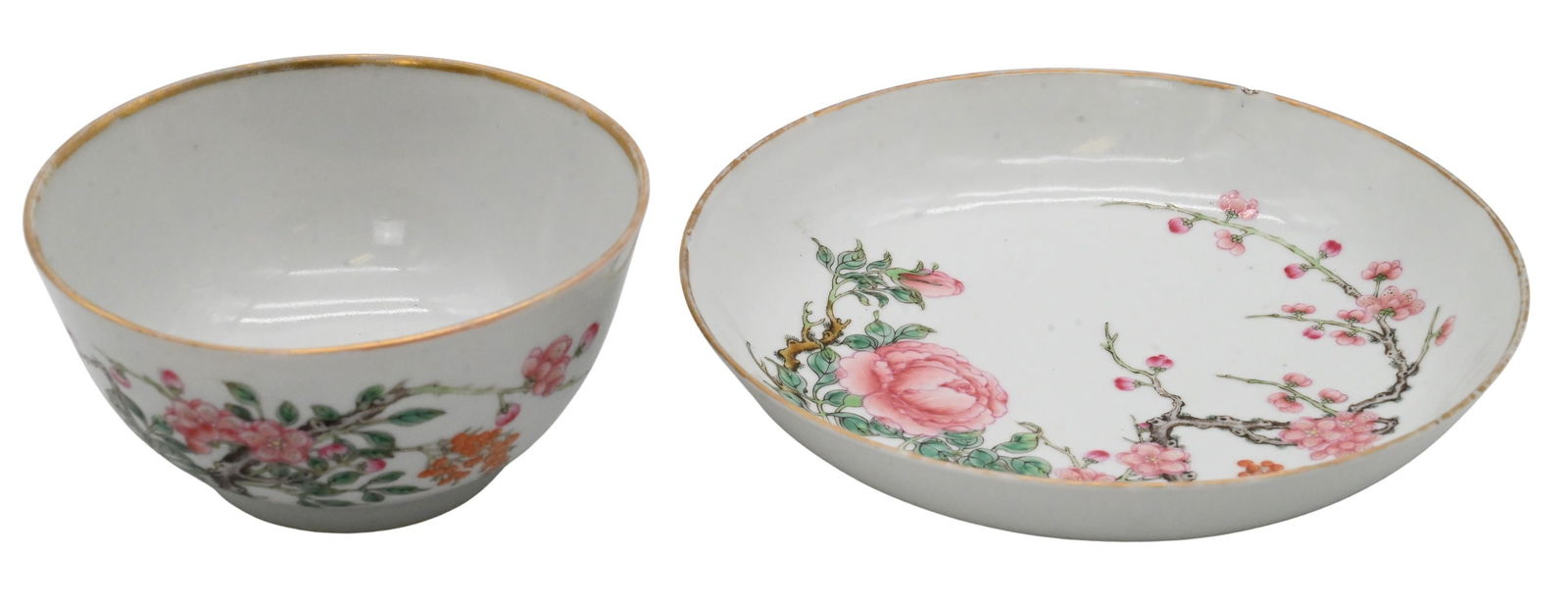 Chinese Famille Rose Porcelain Teacup and Saucer: Chinese Famille Rose Porcelain Teacup and Saucer teacup and saucer decorated with flowering peony and prunus branches in vibrant enamels, the rims highlighted with gilt teacup height 2 1/4 inches, sau