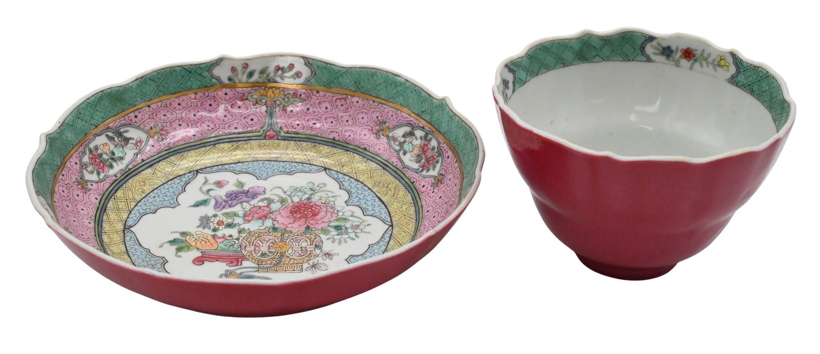 Chinese Famille Rose Porcelain Teacup and Saucer: Chinese Famille Rose Porcelain Teacup and Saucer teacup with scalloped rim and matching saucer, each decorated in famille rose enamels, saucer with alternating pink, yellow, and turquoise borders encl