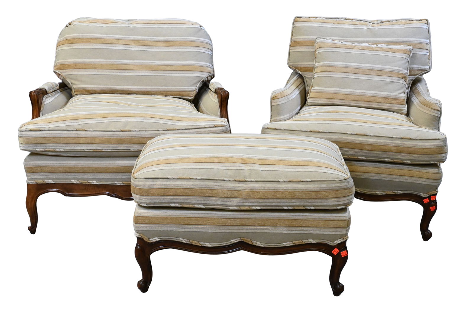 Near Pair of Louis XV Style Bergeres in Custom Upholstery: Near Pair of Louis XV Style Bergeres in Custom Upholstery height 29 1/2 inches, width 33 inches, depth 32 inches
