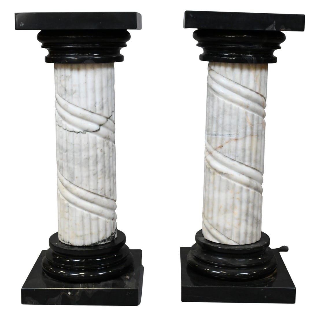 Pair of Marble Pedestals: Pair of Marble Pedestals having black top and bottoms with white fluted columns height 35 inches, top 14 1/4" x 14 1/4"