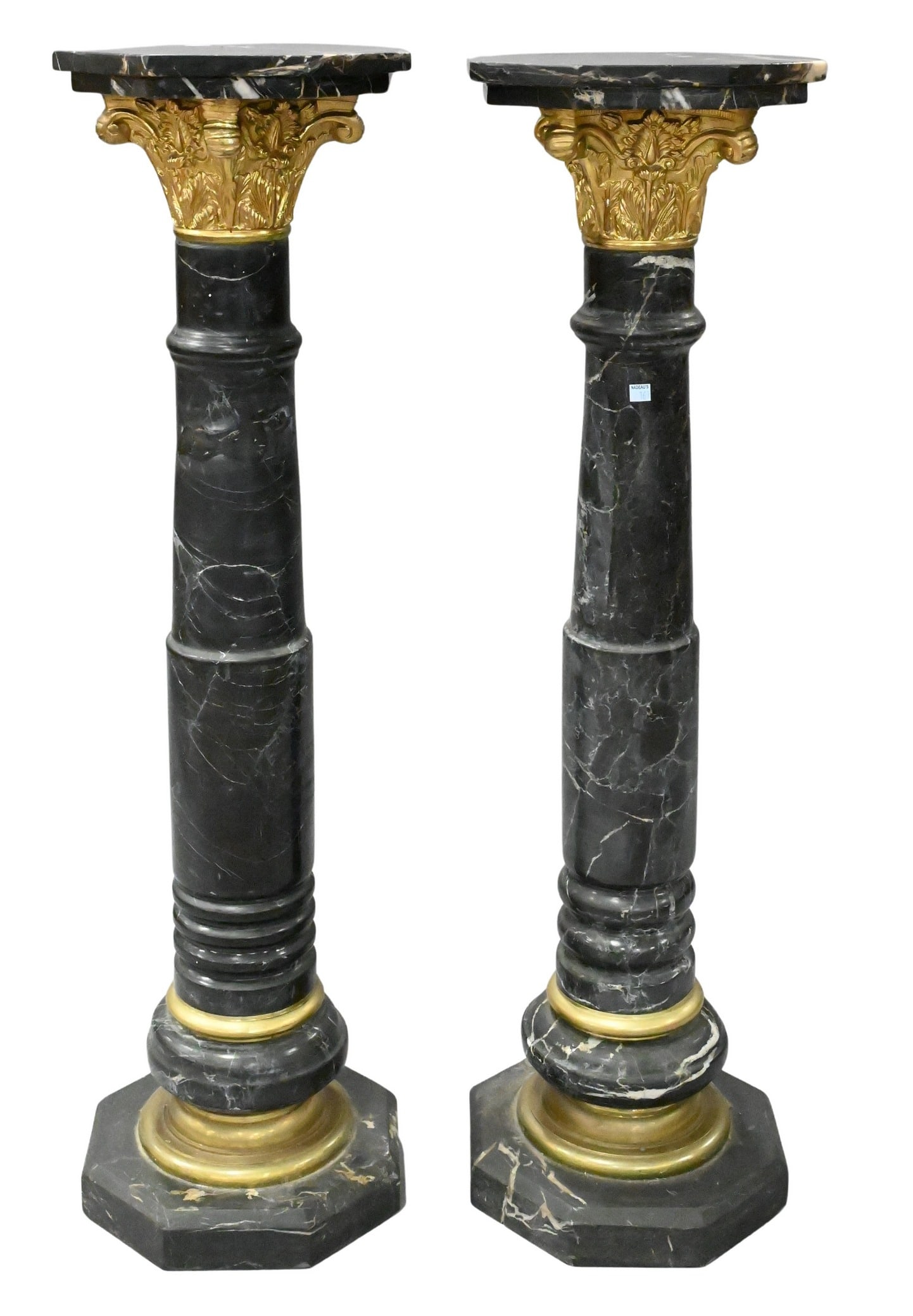 Pair of Marble Pedestals: Pair of Marble Pedestals each having shaped top set on gilt corinthian columns, top over marble shaft, having minor repairs height 47 inches, top 13" x 13"