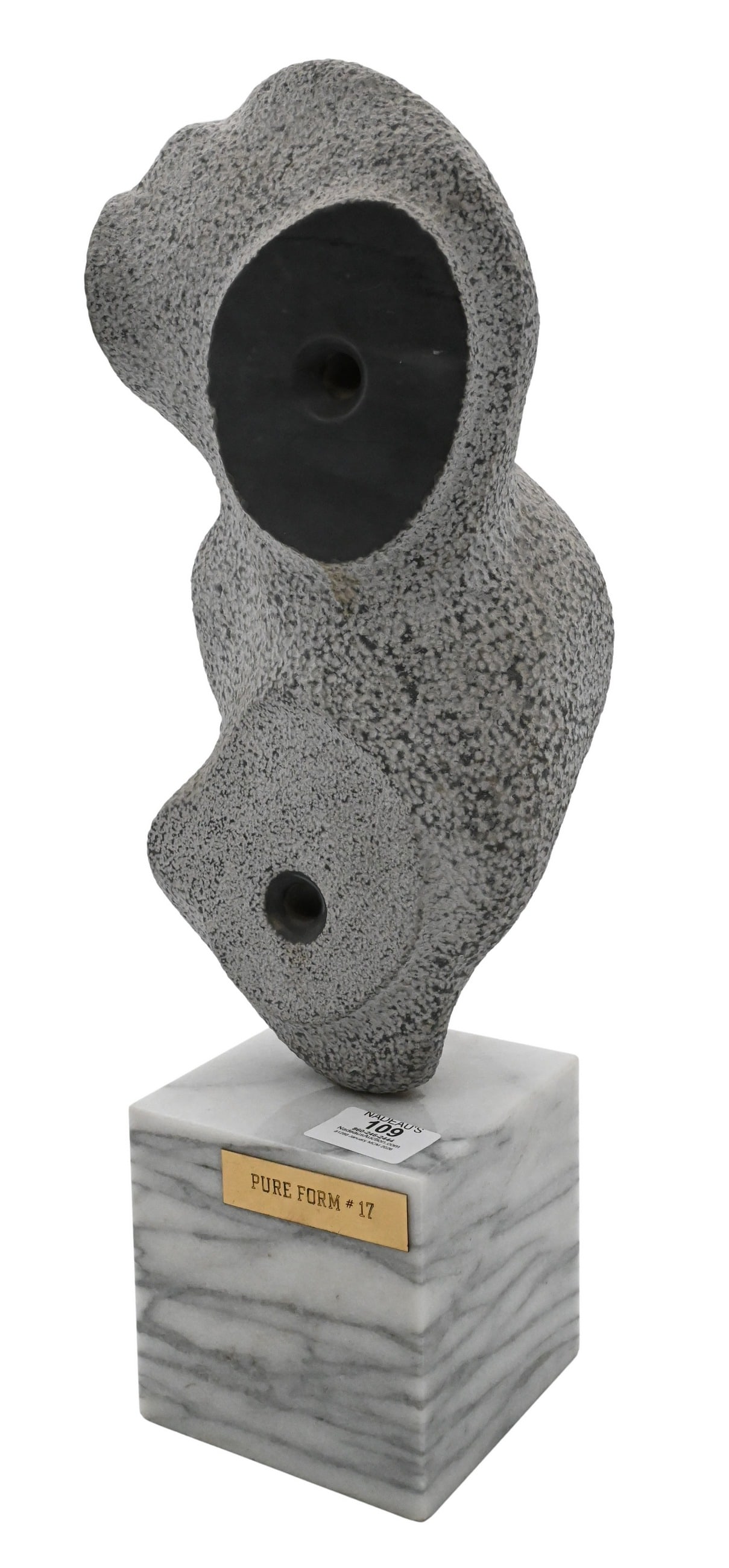 Mario DeNoto (American 20th Century): Mario DeNoto (American 20th Century) "Pure Form #17" Carved marble mounted on marble base Titled on base Total height 19 inches Provenance: Estate of Nina Silberstein, former CEO of David Webb
