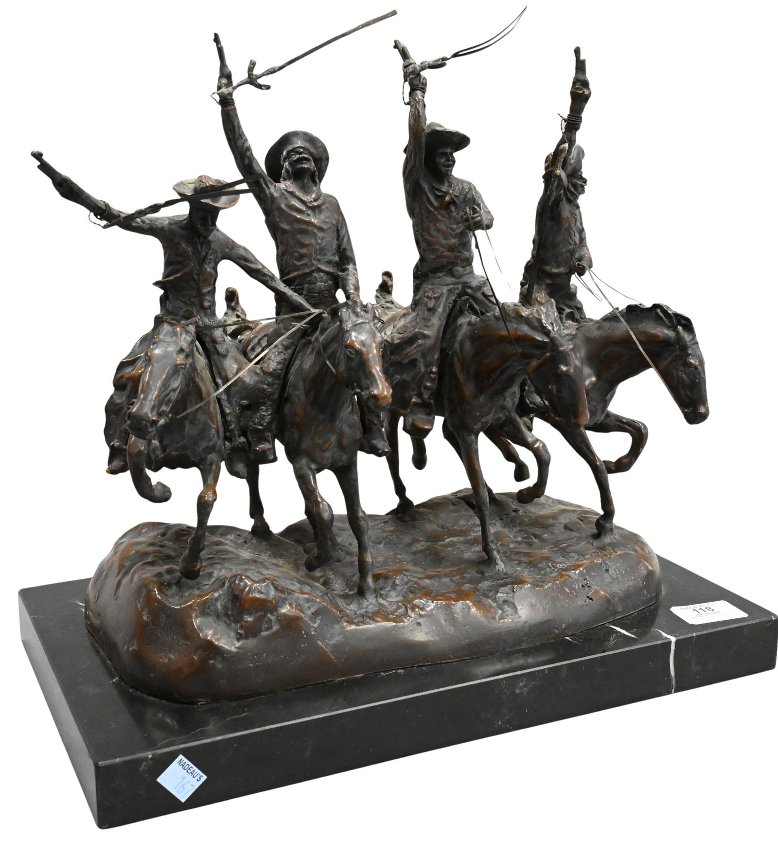 After Frederic Remington (American 1861-1909): After Frederic Remington (American 1861-1909) "Coming Through the Rye" Bronze sculpture Signed on base Bronze height 15 inches, width 14 inches