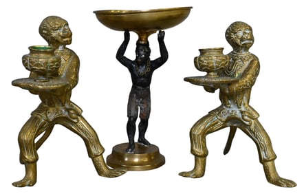 Pair of Dore Bronze Monkey and Single Blackamoor Candlestick