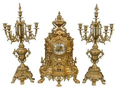 German Imperial Three Piece Brass Mantel Set
