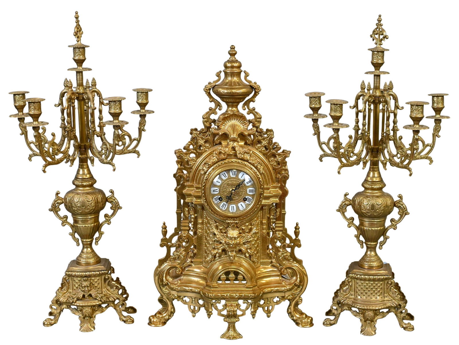 German Imperial Three Piece Brass Mantel Set (1 of 6)