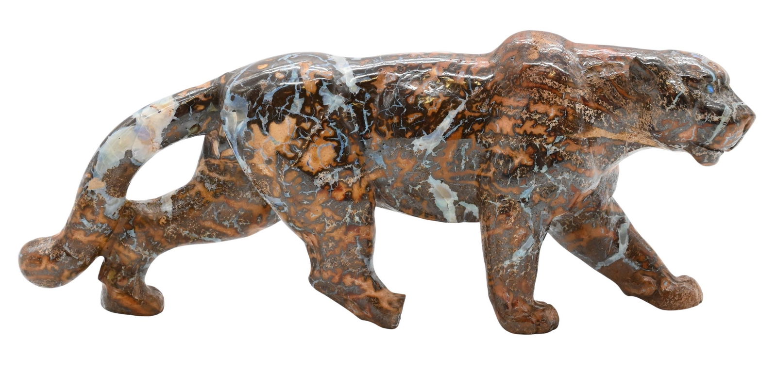 Brecciated Opal Jasper Stone Carved Tiger Figure: Brecciated Opal Jasper Stone Carved Tiger Figure prowling feline, the mottled brown, cream, and gray stone with natural veining accentuating the form, accented with opalite eyes (damaged foot) old pap