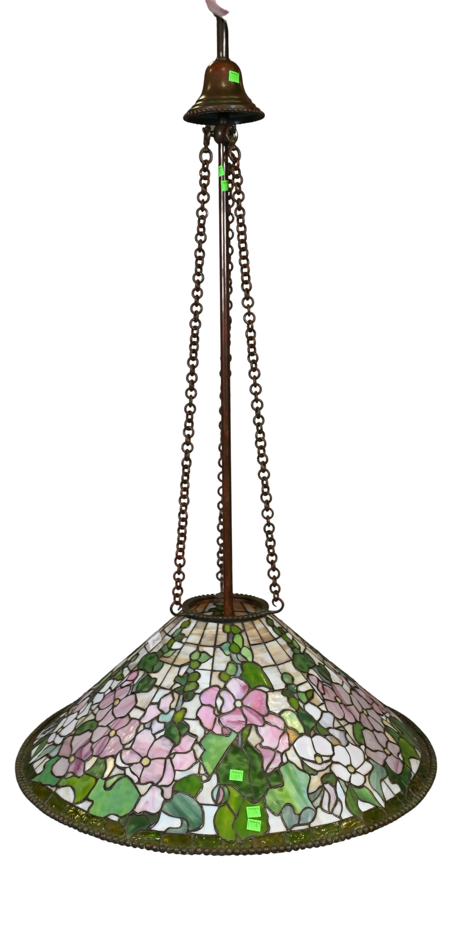 Tiffany Style Bronze and Leaded Glass "Hollyhock" Hanging Lamp: Tiffany Style Bronze and Leaded Glass "Hollyhock" Hanging Lamp complete with hardware, unsigned, six socket diameter 28 1/2 inches, overall length 40 inches, length of chain 30 inches