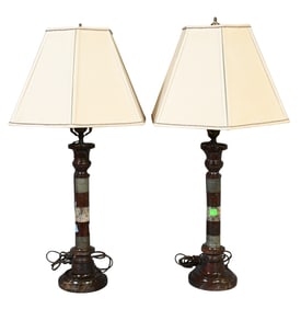 Pair of Cornish English Serpentine Marble Column Lamps