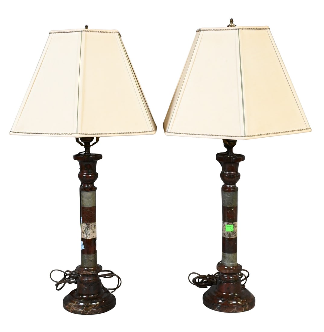 Pair of Cornish English Serpentine Marble Column Lamps (1 of 5)