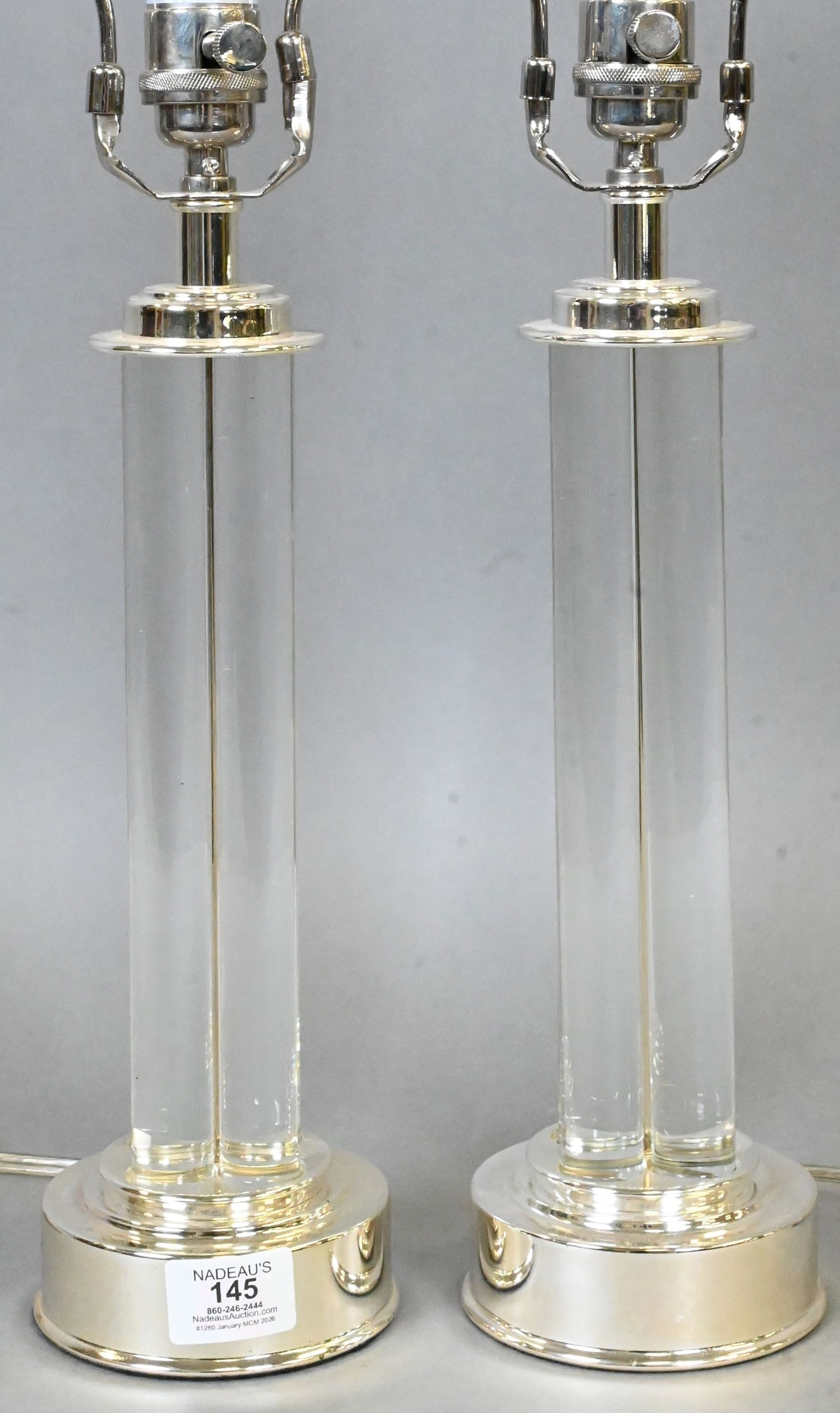 Pair Robert Abbey Art Deco Glass Table Lamps: Pair Robert Abbey Art Deco Glass Table Lamps of column form, each comprised of four glass tubes with chrome mounts, marked Robert Abbey total height 23 inches Provenance: Property from a Prominent New