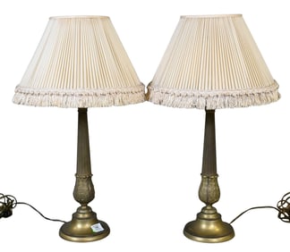 Pair of Brass Column Acanthus Leaf Lamps
