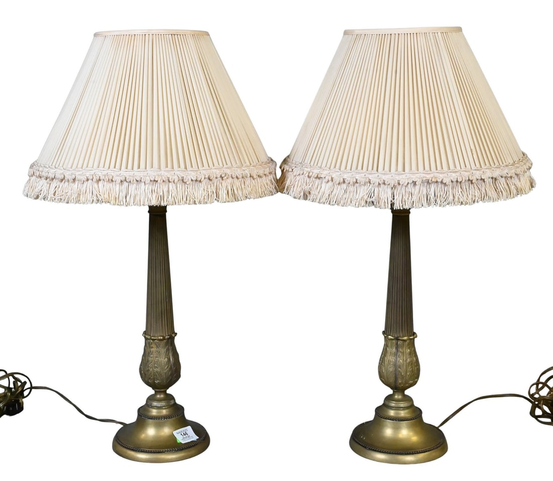Pair of Brass Column Acanthus Leaf Lamps (1 of 4)