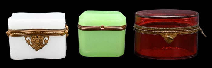 Three Brass Mounted Glass Trinket Boxes