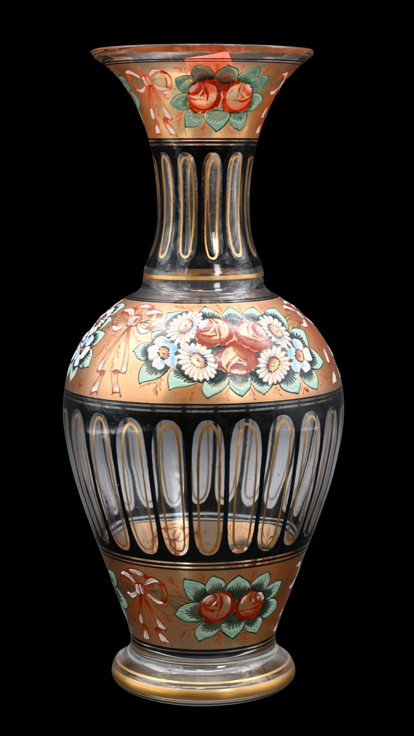Baccarat Enamel-Decorated Crystal Vase: Baccarat Enamel-Decorated Crystal Vase hand-blown clear crystal vase with elongated oval panels, richly decorated in polychrome enamel with stylized roses, daisies, and foliage in teal, coral, and gil