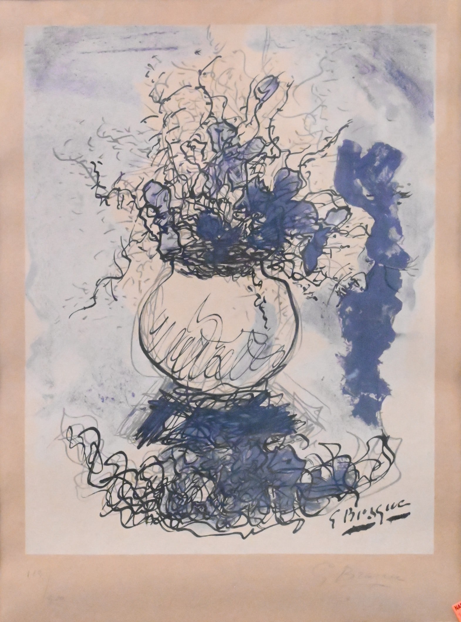 Georges Braque (French 1882-1963): Georges Braque (French 1882-1963) Bouquet de Fleurs depicting a flowing bouquet rendered in Braque's energetic late graphic style, with expressive ink contours layered over soft tonal washes. Color li