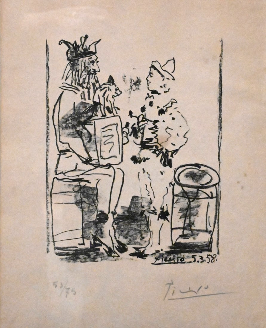 Pablo Picasso (Spanish 1881-1973): Pablo Picasso (Spanish 1881-1973) "Les Saltimbanques" (The Tumblers), 1958 Depicting two costumed figures — a seated king or harlequin with a dog and a standing clown beside a drum, rendered in bold