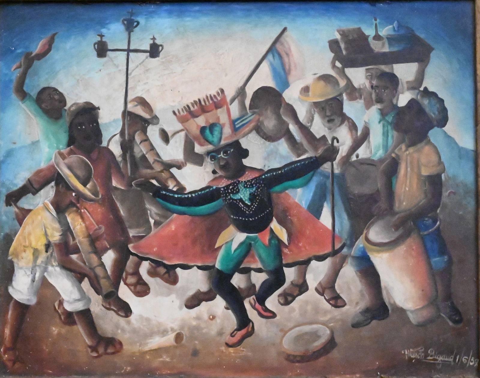 Wilson Bigaud (Haitian 1931-2010): Wilson Bigaud (Haitian 1931-2010) Mardi Gras Carnival Scene with Dancing Figures, 1957 Oil on masonite Signed and dated lower right Wilson Bigaud 1/6/57 9" x 12"