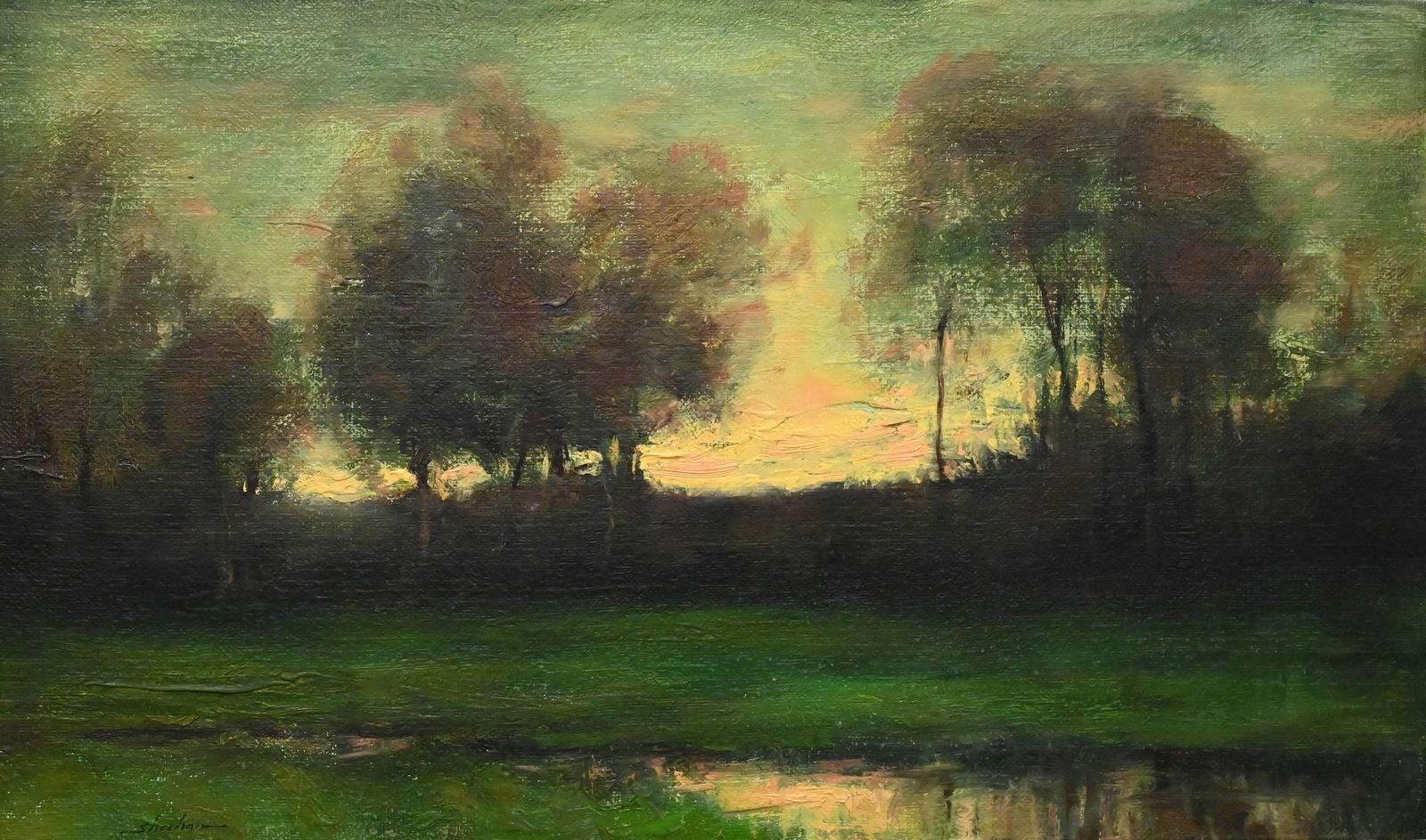 Dennis Sheehan (American B.1950): Dennis Sheehan (American B.1950) Tonalist Landscape Study at Sunset Oil on canvas Signed lower left Sheehan 12" x 20"