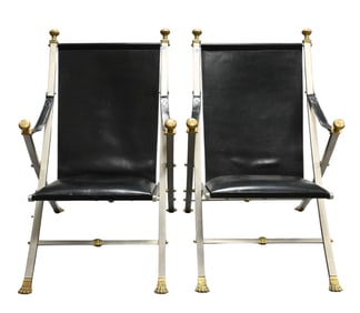 Pair of Maison Jansen Folding Leather Campaign Arm Chairs