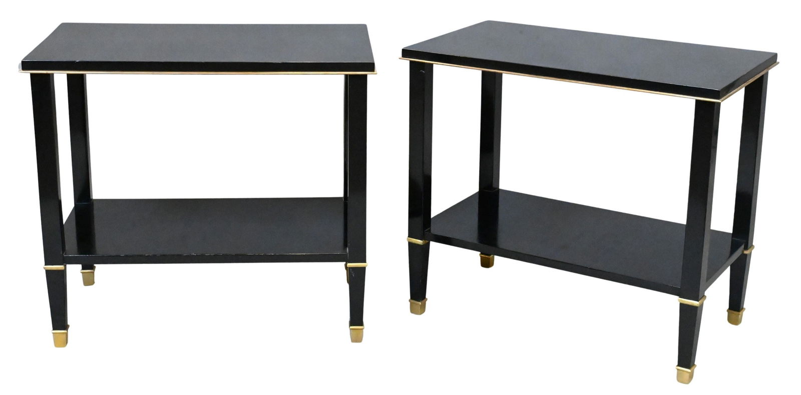 Attributed to Maisen Jansen Pair of Dark Lacquered Wood and Bronze Side Tables: Attributed to Maisen Jansen Pair of Dark Lacquered Wood and Bronze Side Tables having two tiers, circa 1940's height 25 inches, top 16" x 28" Provenance: Edward de la Marque Antiquites, Paris $7,893