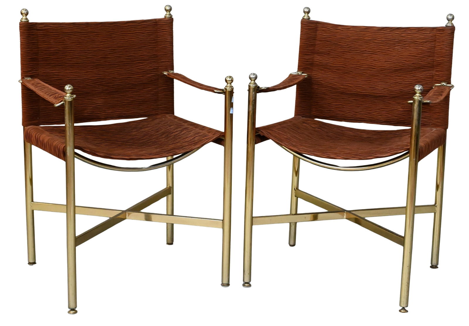Pair of Maison Jansen Style Campaign Director Sling Arm Chairs: Pair of Maison Jansen Style Campaign Director Sling Arm Chairs having brass frame and "X" stretcher base height 32 1/2 inches, width 20 inches, depth 19 inches