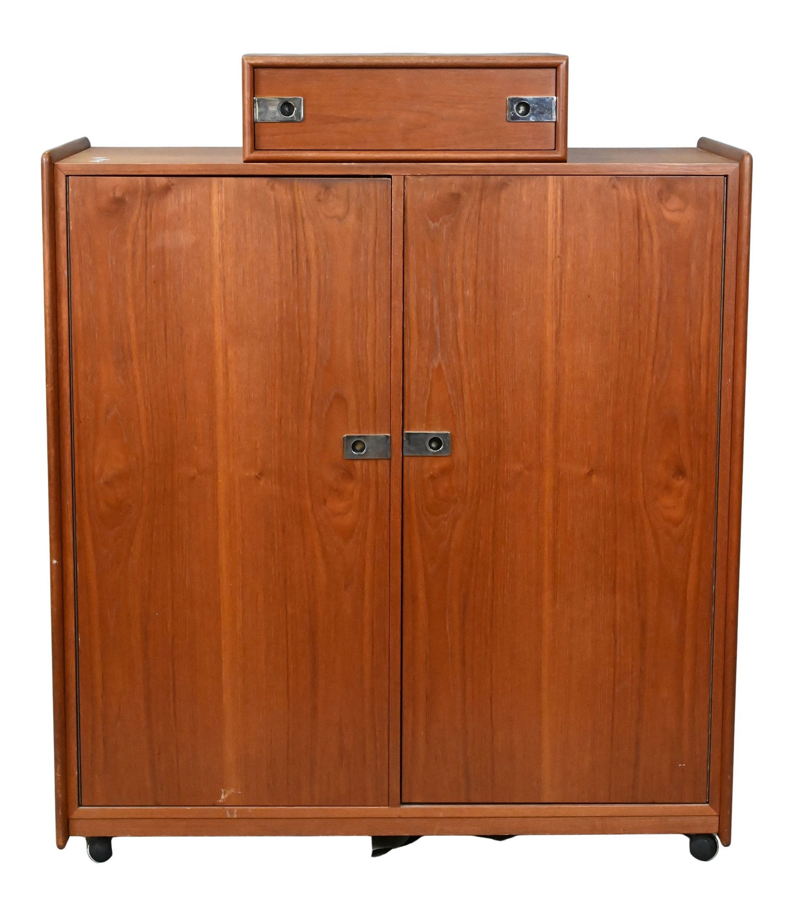 Mid-Century Modern Teak Tall Chest: Mid-Century Modern Teak Tall Chest having two doors with one side opening to shelving and the other side opening to drawers in the manner of Arne Vodder height 46 inches, width 43 1/2 inches, depth 19