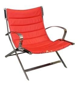 Italian Style Mid-Century Modern Red Leather and Chrome Sling Chair