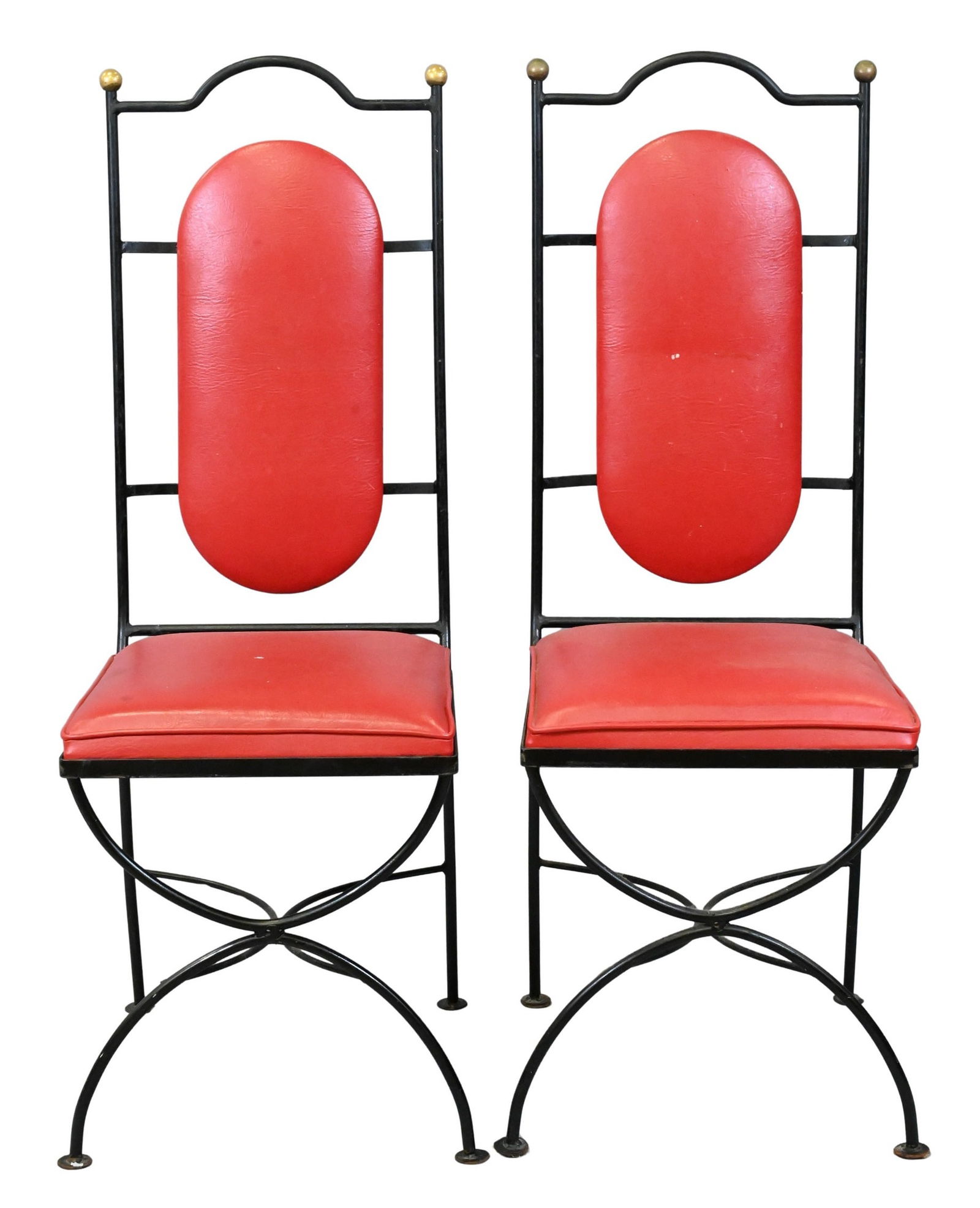 Pair of French Mid-Century Modern Iron Chairs: Pair of French Mid-Century Modern Iron Chairs having leather upholstered back seats height 41 1/2 inches, seat height 18 inches Provenance: Estate of Nina Silberstein, former CEO of David Webb