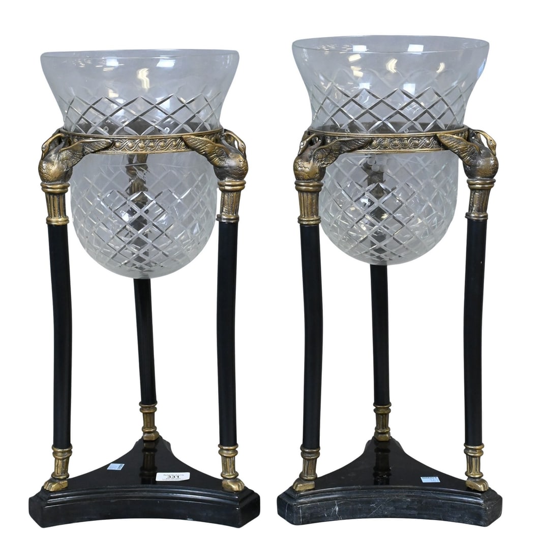 Pair of Neoclassical Crystal and Marble Vases: Pair of Neoclassical Crystal and Marble Vases having etched glass insert set in base with three swans atop supports ending in paw feet on a marble base height of crystal pieces 21 inches