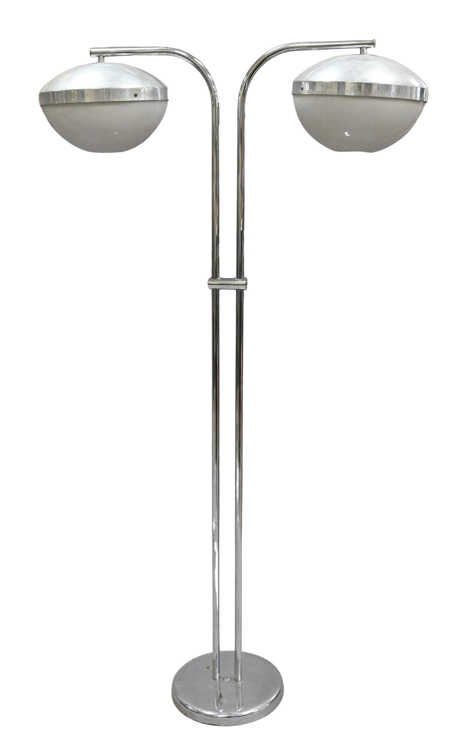 Vintage Floor Lamp in the Style of Gino Sarfatti: Vintage Floor Lamp in the Style of Gino Sarfatti having chrome base and two spherical shades, along with two industrial floor lamps (as is) height 54 inches