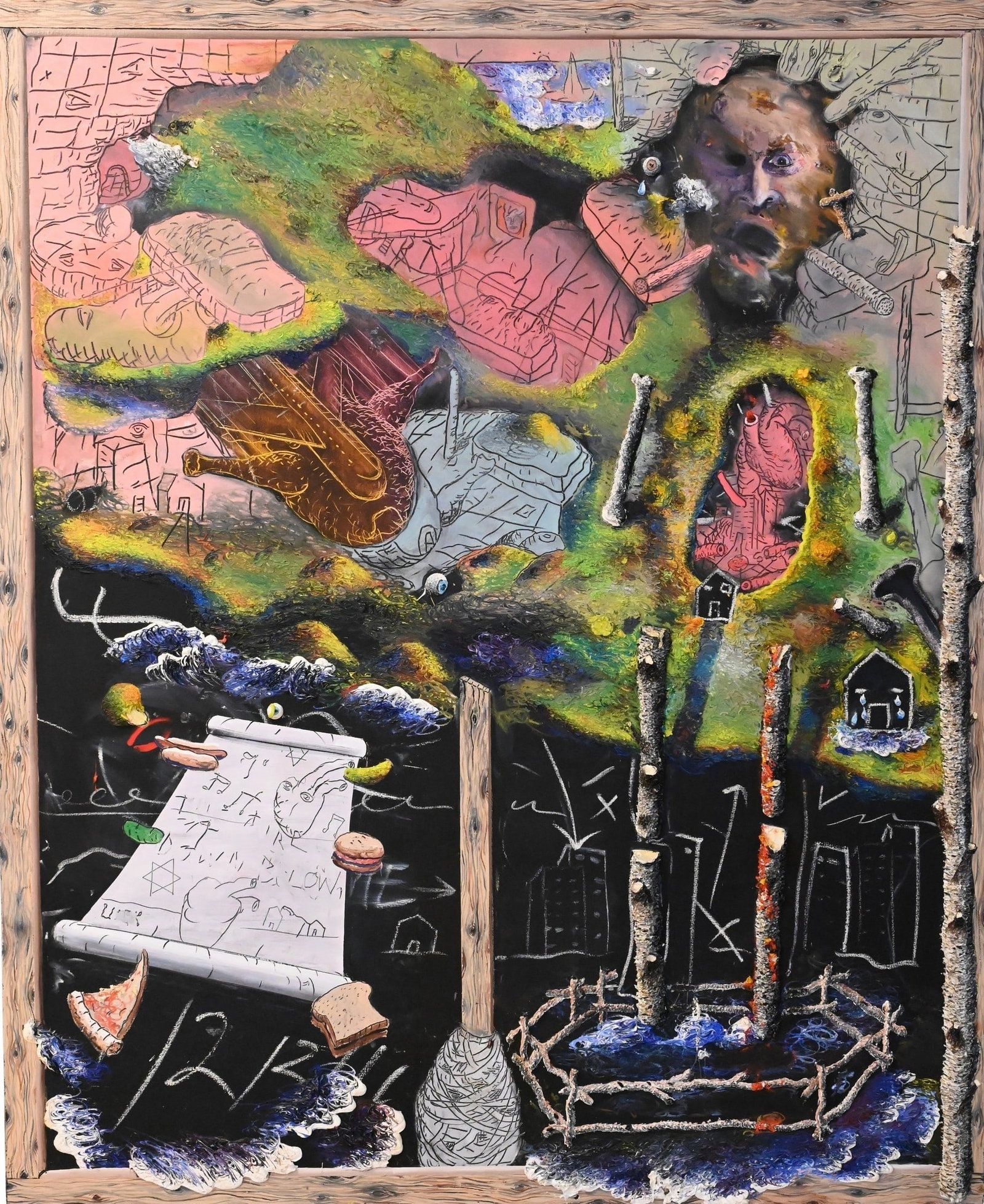 Gerry Bergstein (American B.1947): Gerry Bergstein (American B.1947) "The Secret Life of Belly and Bone", 1985 Mixed media oil on canvas Signed and titled verso Gerry Bergstein 78" x 64" each Untitled Composition "Just Ignore It" Mixed