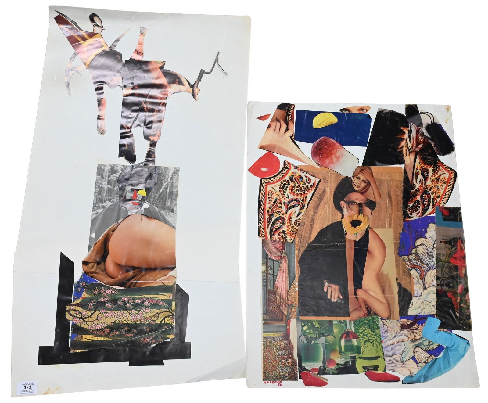 Two: Ardeshir Mohassess (Iranian/American 1938-2008): Two: Ardeshir Mohassess (Iranian/American 1938-2008) Erotic Nude Collage with Bull Mixed media cut paper collage 32" x 18" Iranian Dictator Ruhollah Khomeini and Nude, 1988 Mixed media cut paper colla