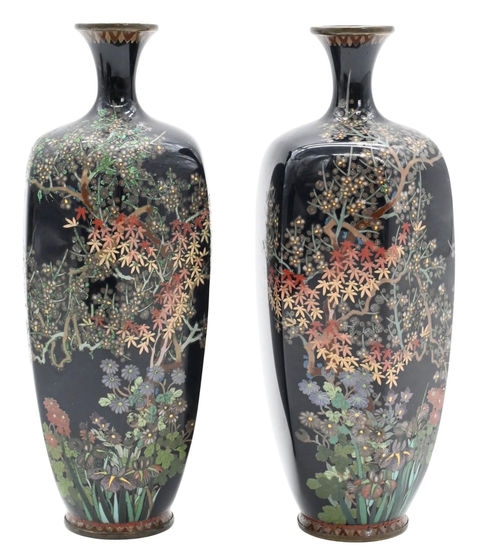 Pair of Japanese Fine Wire Cloisonne Vases: Pair of Japanese Fine Wire Cloisonne Vases having floral motif with mark on bottom, late Meiji-Taisho period height 6 inches