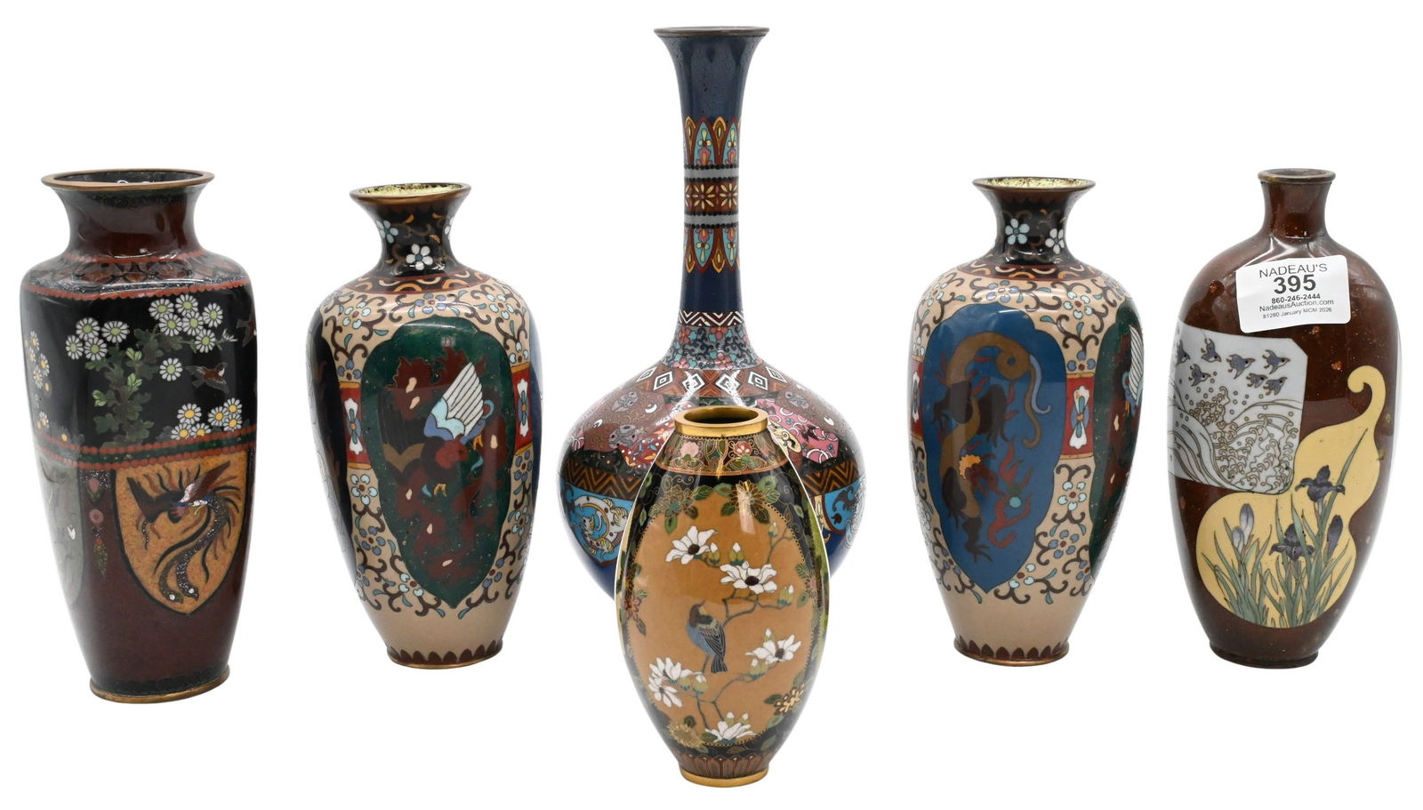 Six Japanese Cloisonne Vases: Six Japanese Cloisonne Vases some having gold flecking, Meiji period shortest 5 inches, tallest 9 1/2 inches