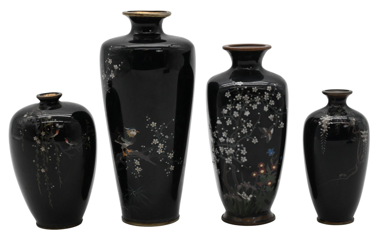 Group of Four Japanese Fine Wire Cloisonne Vases: Group of Four Japanese Fine Wire Cloisonne Vases having flowers, trees and birds, Meiji-Taisho period, one with chips under top edge shortest 3 1/2 inches and tallest 6 inches