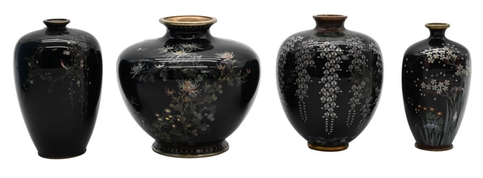 Group of Four Japanese Fine Wire Cloisonne Cabinet Vases