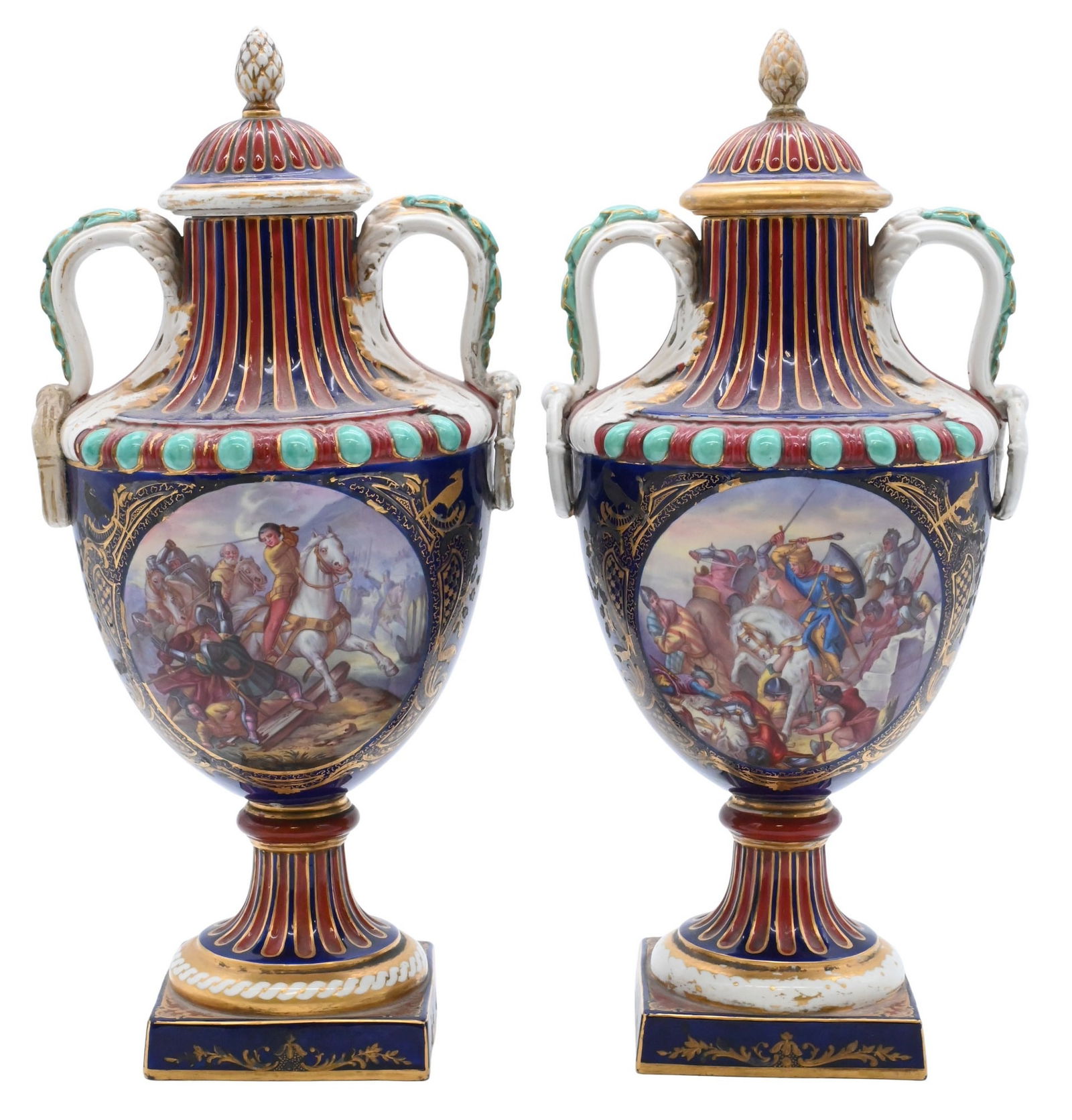 Near Pair of Continental Majolica Covered Urns (1 of 5)