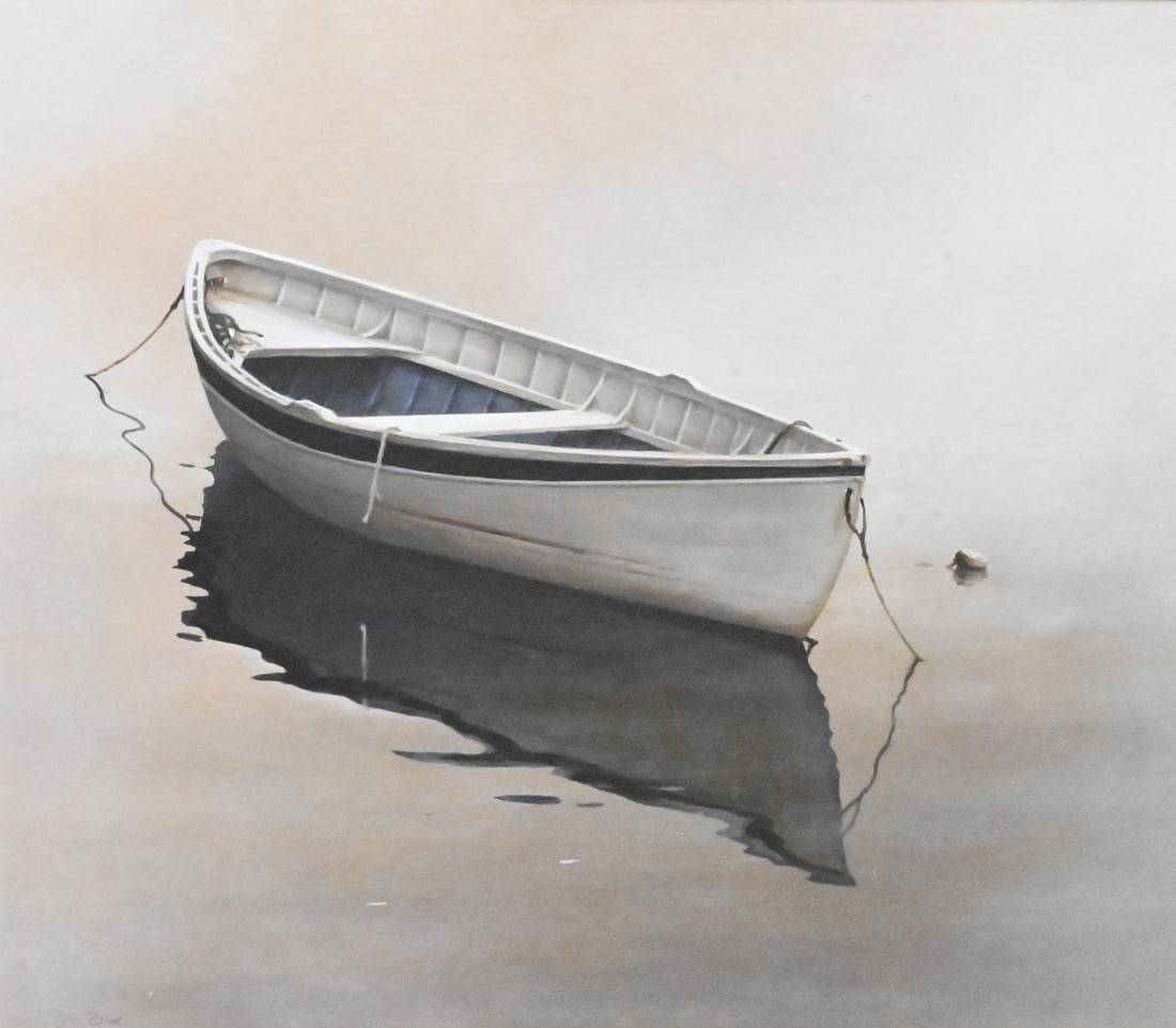Vernon George Broe (American 1930-2011): Vernon George Broe (American 1930-2011) "Dory", Boat in a Fog Oil on board Signed lower left Vern Broe 21" x 23 1/2"